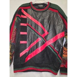 Mens Saxony Sz L Patchwork Knit Cosby Sweater Geometric Pattern Multicolor